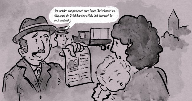 Comiczeichnung einer dramatischen Szene: Hildegard Lagrenne wird von Karl Knoche informiert, dass sie nach Polen gebracht wird und dort Haus, Land und Vieh bekäme. Gezeichnet von: Jonas Heidebrecht