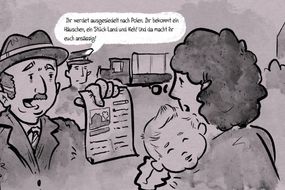 Comiczeichnung einer dramatischen Szene: Hildegard Lagrenne wird von Karl Knoche informiert, dass sie nach Polen gebracht wird und dort Haus, Land und Vieh bekäme. Gezeichnet von: Jonas Heidebrecht