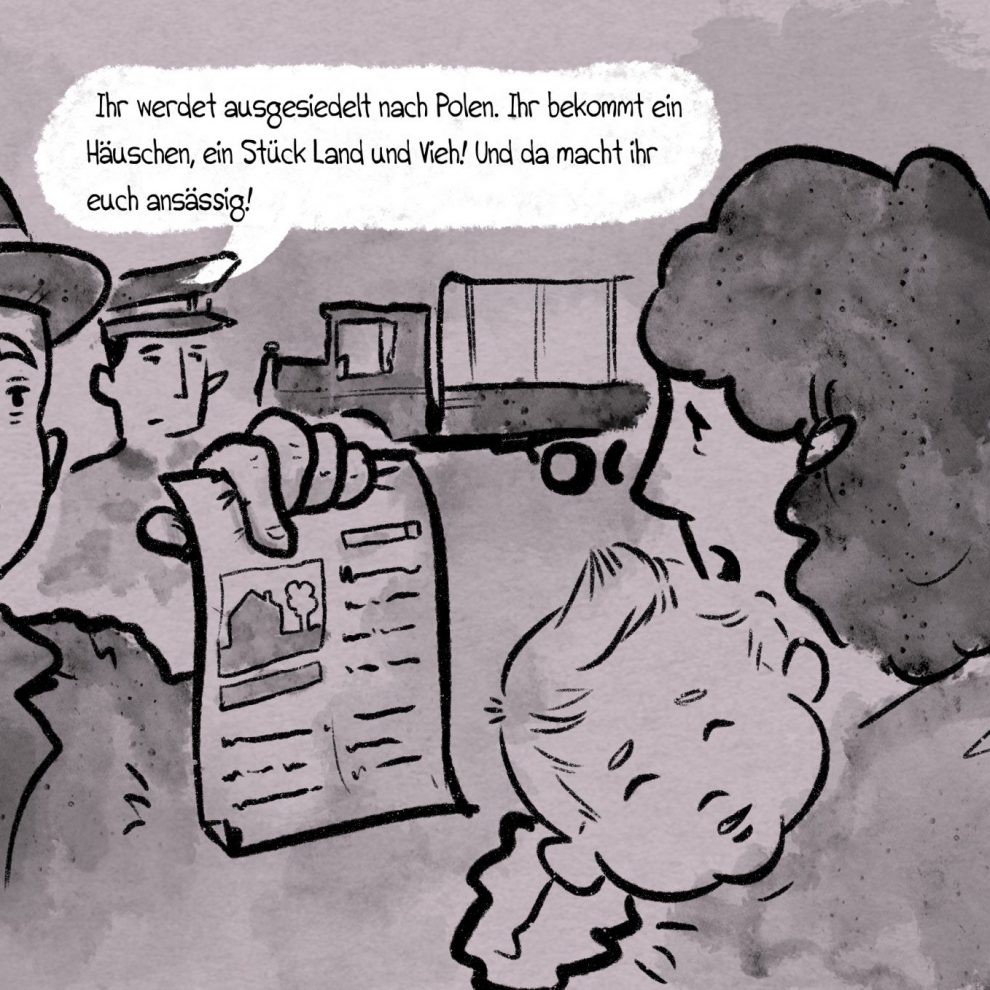 Comiczeichnung einer dramatischen Szene: Hildegard Lagrenne wird von Karl Knoche informiert, dass sie nach Polen gebracht wird und dort Haus, Land und Vieh bekäme. Gezeichnet von: Jonas Heidebrecht