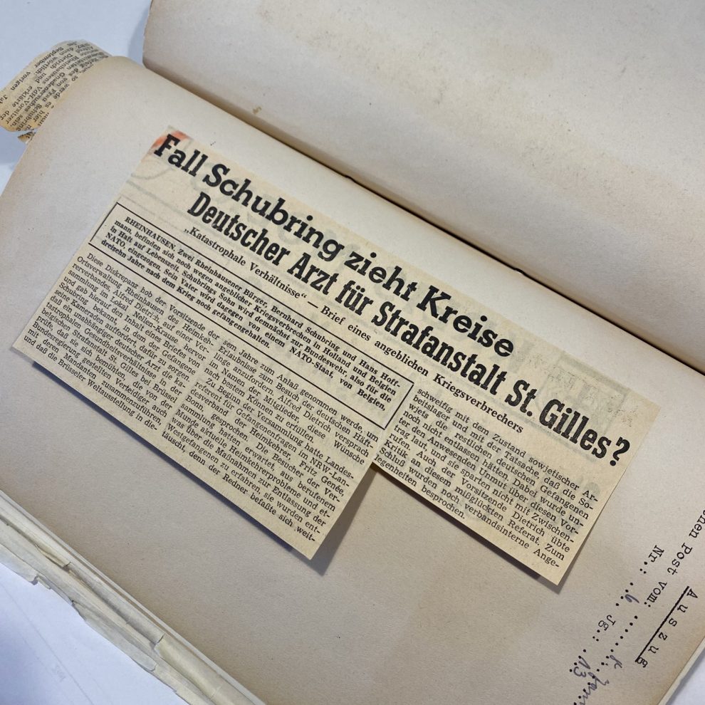 In lokalen Presseberichten wurde Schubrings Beteilung an NS-Verbrechen und die Rechtmäßigkeit seiner Verurteilung durch den Sprachgebrauch von "angeblichen Kriegsverbrecher" infrage gestellt. Stadtarchiv Duisburg Best. 24, Nr. 5.122, Bernhard Schubring