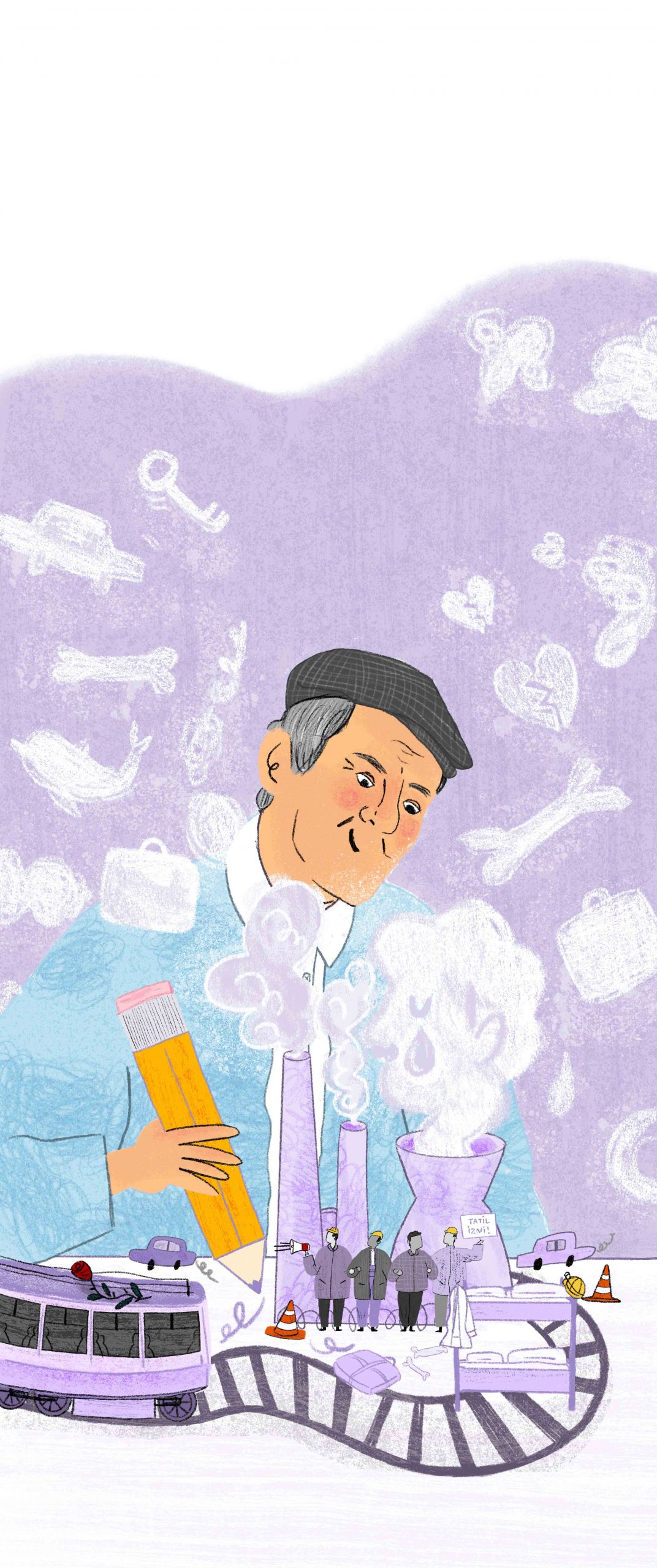 Stadtgespräche_Mai_2025_fin Eine Illustration von Fakir Baykurt - – Schriftsteller, Gewerkschafter, Bildungsaktivist, anatolischer Humanist, Begründer des Literaturcafés in Duisburg (1992). Gezeichnet von Irem Kurt