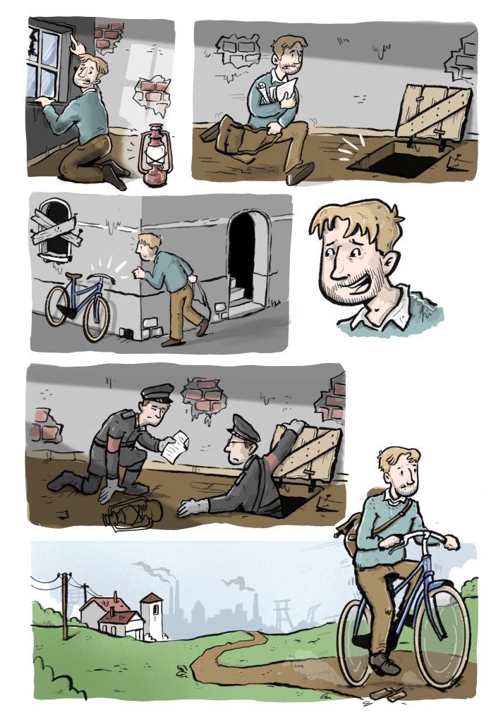 Auszug aus der Graphic Novel „Duisburg 1933“, Illustration von Jonas Heidebrecht (Essen, NRW) Zu sehen ist Heinz Schlösser, SPD-Funktionär und Abteilungsleiter des Reichsbanners Schwarz-Rot-Gold. Seit der Machtübernahme des Nationalsozialisten ist Heinz Schlösser untergetaucht. Nach der brutalen Zerschlagung der Gewerkschaften am 2. Mai 1933, bei der sein Vater nach einer Verhaftung spurlos verschwand, flieht Heinz nach Brüssel.