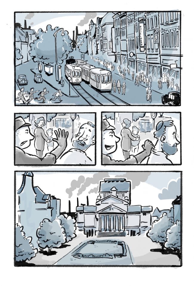 Illustration von Jonas Heidebrecht, man sieht im Comic-Stil Duisburg im Jahre 1933. Eine Straßenszene mit Straßenbahn, Blick auf den König-Heinrich-Platz und das Theater sowie eine Szene, in der ein uniformierter Mann, eine männliche Person mit Kippa von Hinten am Kragen packt.