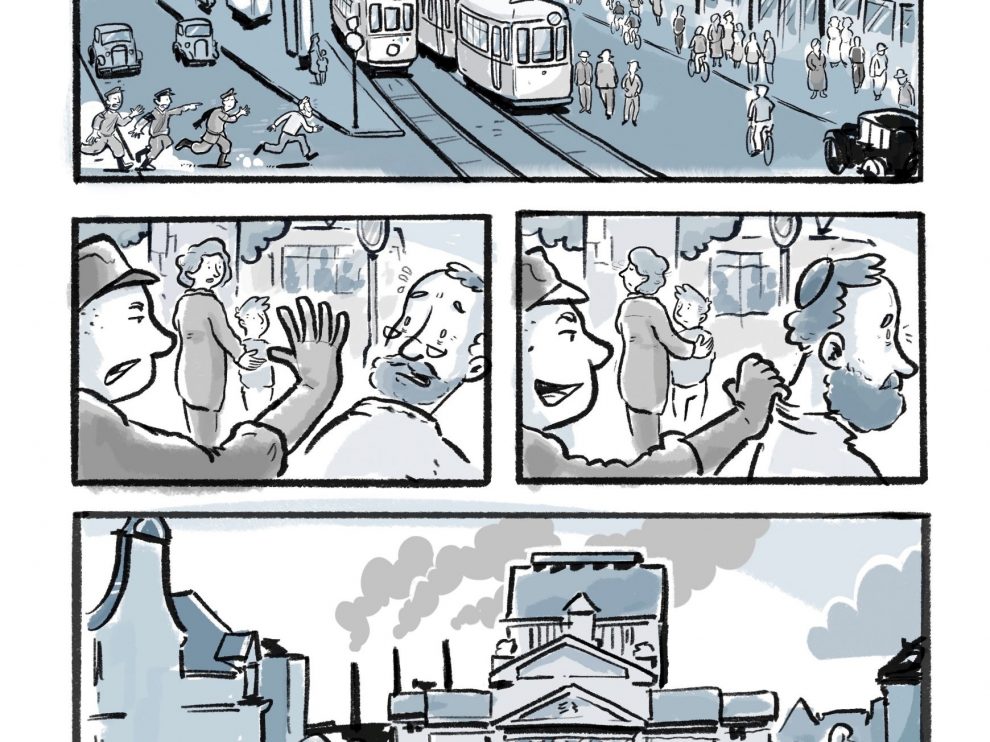 Illustration von Jonas Heidebrecht, man sieht im Comic-Stil Duisburg im Jahre 1933. Eine Straßenszene mit Straßenbahn, Blick auf den König-Heinrich-Platz und das Theater sowie eine Szene, in der ein uniformierter Mann, eine männliche Person mit Kippa von Hinten am Kragen packt.