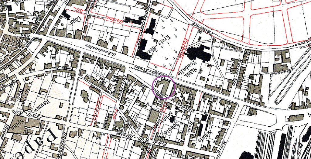 Das Grundstück auf dem Stadtplan von 1898 hier lila eingekreist. Quelle: Historische Geoportal der Stadt Duisburg. Das Grundstück auf dem Stadtplan von 1898 hier lila eingekreist. Quelle: Historische Geoportal der Stadt Duisburg.