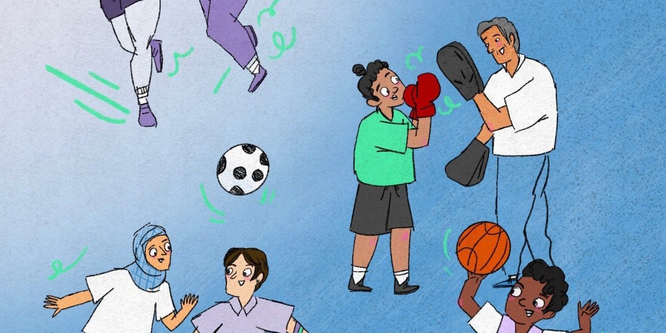 Stadtgespräch_Juni 2026 Die Illustration zeigt verschiedene Sportarten, die von diversen Menschen mit unterschiedlicher ethnischer Herkunft und Religion ausgeübt werden. Illustration: Irem Kurt
