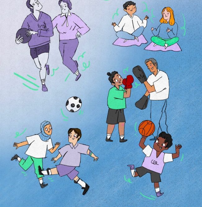 Die Illustration zeigt verschiedene Sportarten, die von diversen Menschen mit unterschiedlicher ethnischer Herkunft und Religion ausgeübt werden. Illustration: Irem Kurt