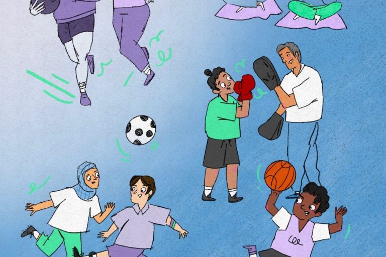 Die Illustration zeigt verschiedene Sportarten, die von diversen Menschen mit unterschiedlicher ethnischer Herkunft und Religion ausgeübt werden. Illustration: Irem Kurt