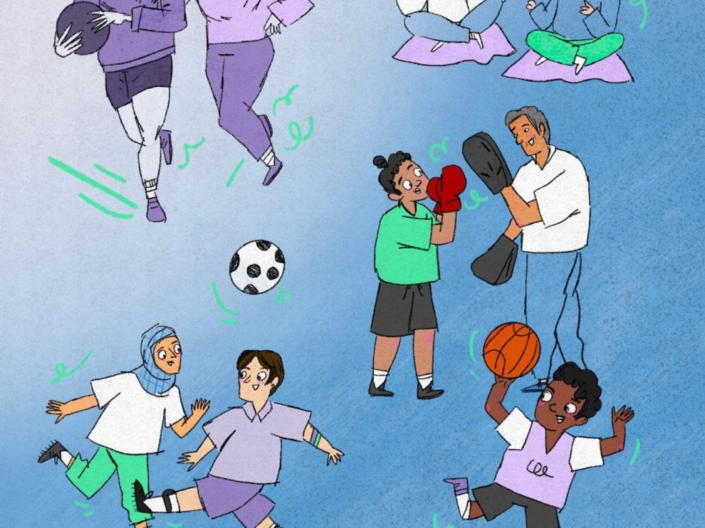 Die Illustration zeigt verschiedene Sportarten, die von diversen Menschen mit unterschiedlicher ethnischer Herkunft und Religion ausgeübt werden. Illustration: Irem Kurt