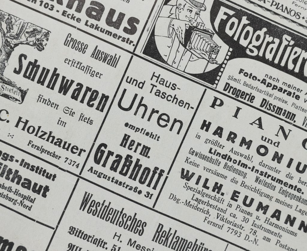 Abb. 12: Annonce Hermann Graßhoff in der Meidericher Rundschau vom 12.9.1925. Ausschnitt aus Inventarnummer 2026:102; Sammlung Stadtgeschichte, Kultur- und Stadthistorisches Museum Duisburg
