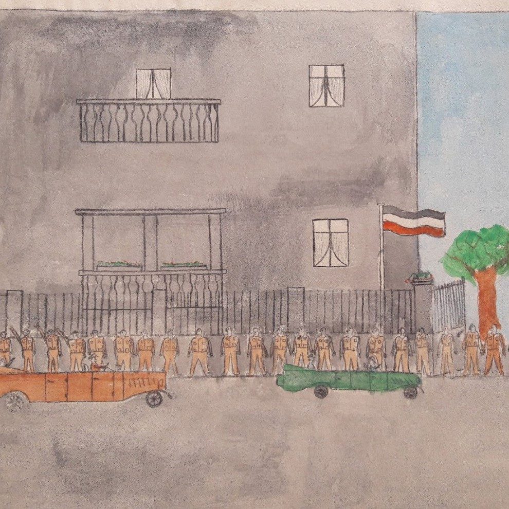 Abb. 3 : Ruhrorter Schüler mussten 1934 den Besuch von Goebbels zeichnen. Der Darstellung kann man viele verschiedene Informationen entnehmen.