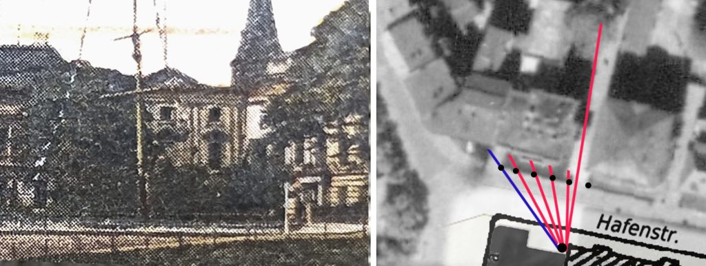 Abb. 4 Abb. 4: Das Gebäude auf einer 1922 gelaufenen Postkarte und die Standortrekonstruktion im Luftbild mit Stadtplanausschnitt. Quelle: Stadtarchiv Duisburg.